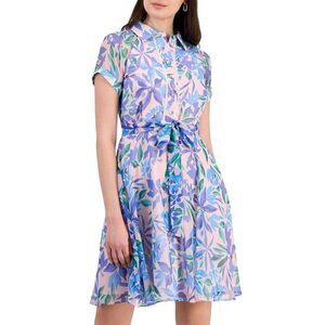 Tahari ASL Womens Shadow-Striped Fit & Flare Belted Dress 10 Bubblegum Floral